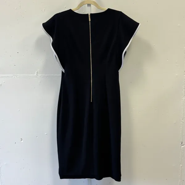 Calvin Klein‎ Black Flutter Sleeve Sheath Dress White Trim Size 8 Gold Zipper - Image 2