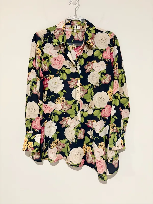 CATO Ruffled Rose Print Tunic Assymetrical Flowy Modern blouse pink blue medium‎ - Image 2