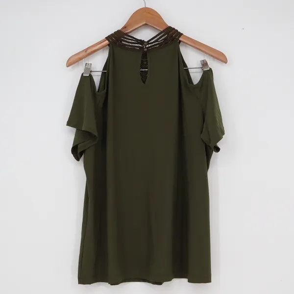 Perception Concept Olive Green Cold Shoulder Crochet Lace High Neck Top XL - Image 4