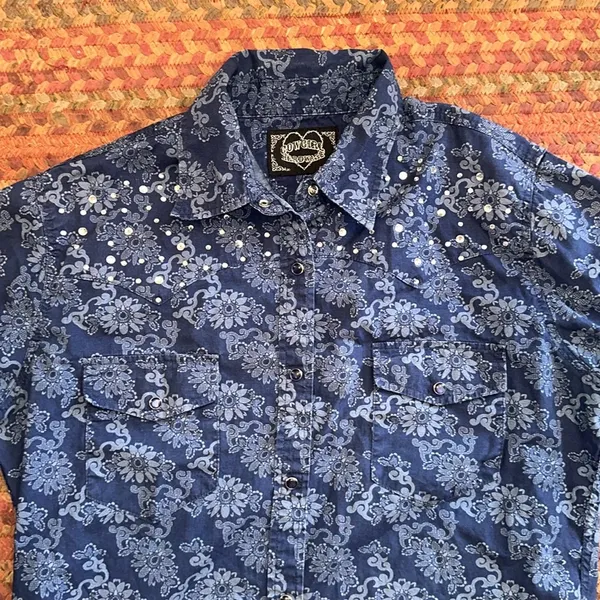 Vtg Cowgirl Hardware Blue Flower Print Rhinestone Pearl Snap Long Sleeve - Image 3