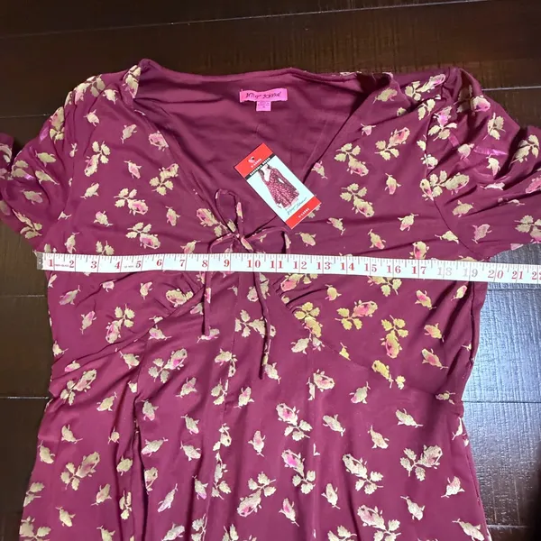 Betsey Johnson Babydoll Dress XL Red‎ Gold Floral Flocked Tie Front Y2K Style - Image 4