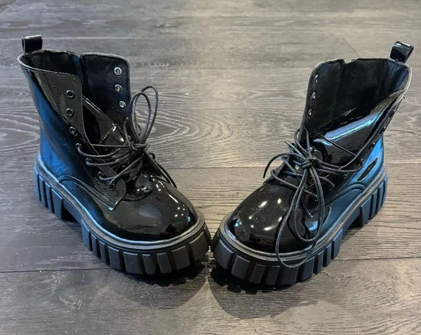 SheIn Black Latex Combat Boots w/ Platform - Image 3