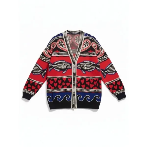 Farm Rio Art to Wear Fair Isle Knit Cardigan Sweater Hearts Fish Waves Large - Image 3