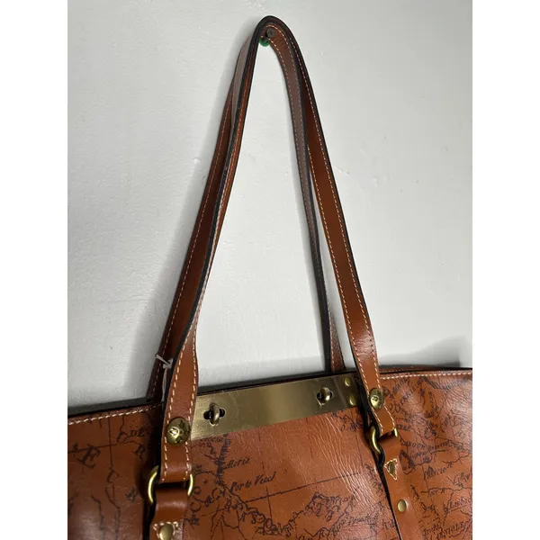 PATRICIA NASH Brown Leather Benvenuto Italy Map Antique Brass Tote Shoulder Bag - Image 7