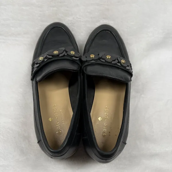 Kate Spade Karisa Black Leather Floral Studded Loafers Womens 5.5M Slip On Shoes - Image 6