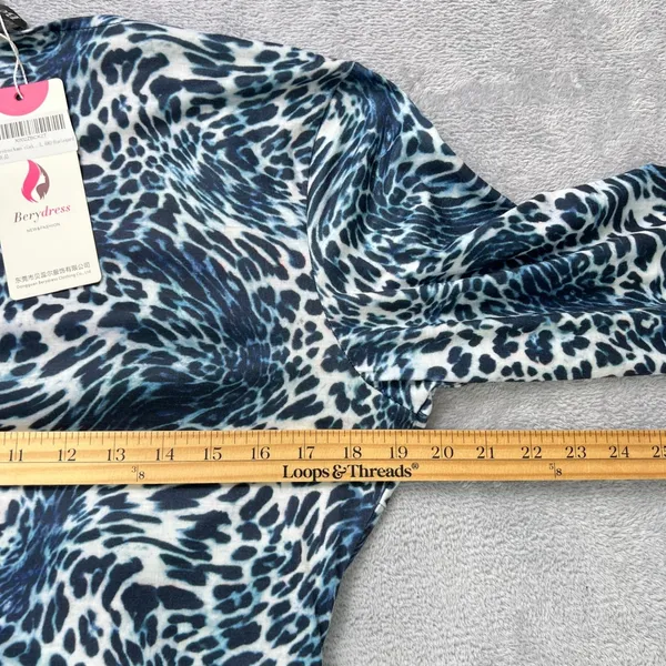 Berydress Blue White Animal Print Wrap Dress Sz Large 3/4‎ Sleeve Women's Midi - Image 6