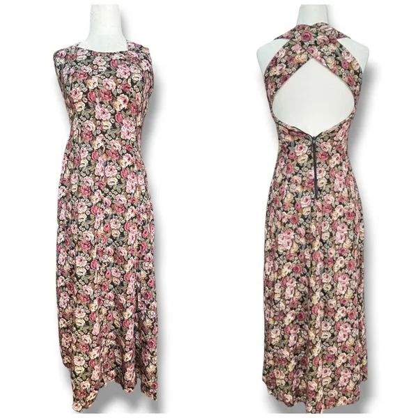 Vintage 90s All That Jazz Rose Floral Open Cross Back Maxi Dress Dark Romantic - Image 2