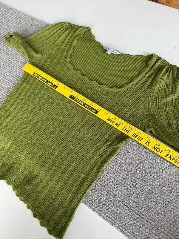 Ophelia Roe Scalloped Square-Neck Ribbed Knit Top in Olive Green Sz Large - Image 8