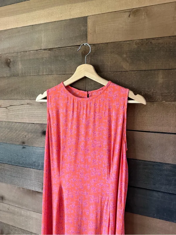 Vintage Floral Maxi Dress Coral Pink Sleeveless Tie Back Boho Medium - Image 7