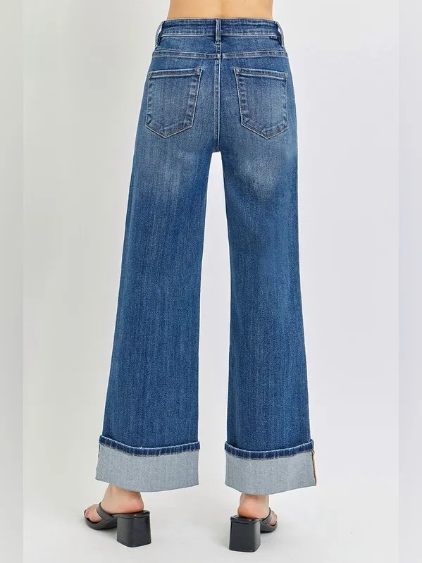005- Risen Tummy Control High Rise Ankle Wide Leg Cuffed Jeans Size 32 - Image 3
