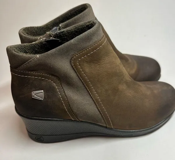 Keen Leather Booties Wedge Heel Chukka Boots Taupe Brindle Sz 8 38.5 Brown Lined - Image 3