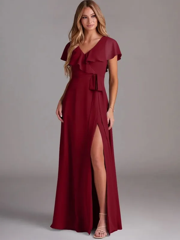 Azazie Burgundy Ruffle Wrap Maxi Dress with Side Slit - Image 2