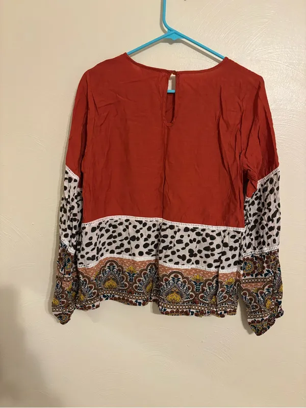 THML Boho Mixed Print Blouse Large Rust Animal Print Paisley Balloon Sleeve - Image 8