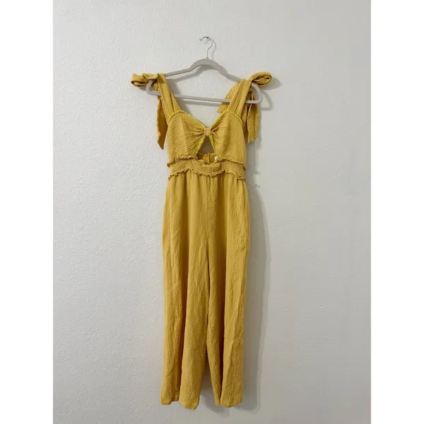 Mable Mustard Yellow Gauze Tie Strap Cutout Wide Leg Jumpsuit Size M - Image 2