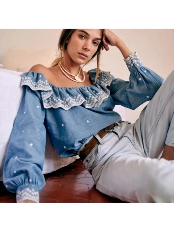 Sézane Embroidered Francesca Blouse Blue Chambray Women’s size 36 US 4 Small - Image 11