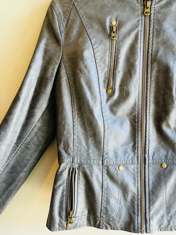 The Clothing Exchange Company Womens Black Faux Leather Zip-Front Jacket With Gold Details Pockets - Image 4