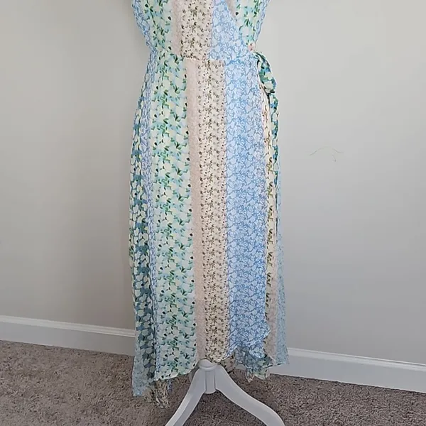 Blue Rain Pastel Floral Patchwork Wrap Maxi Dress - Size M - Image 4