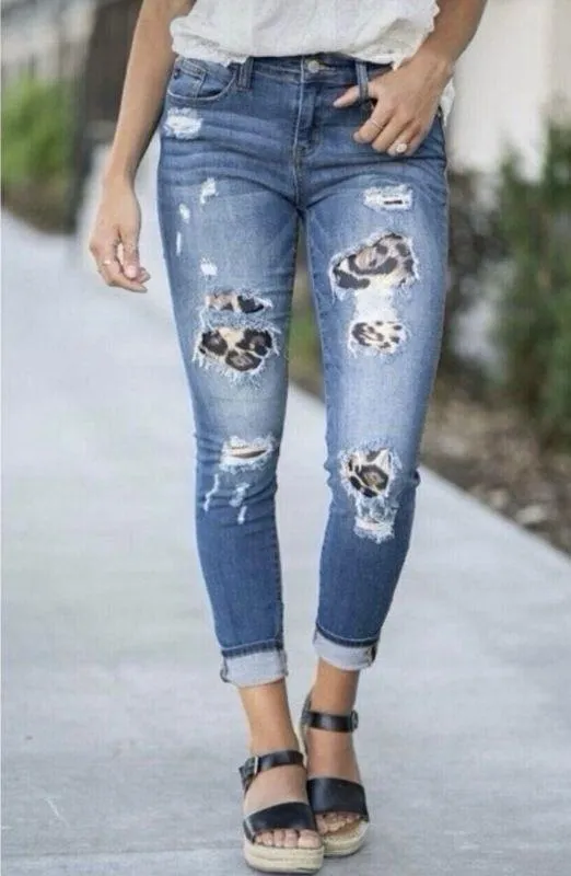 Judy Blue Mid Rise Skinny Fit Distressed Jeans Leopard Insets 8265MD Size 5/27 - Image 13