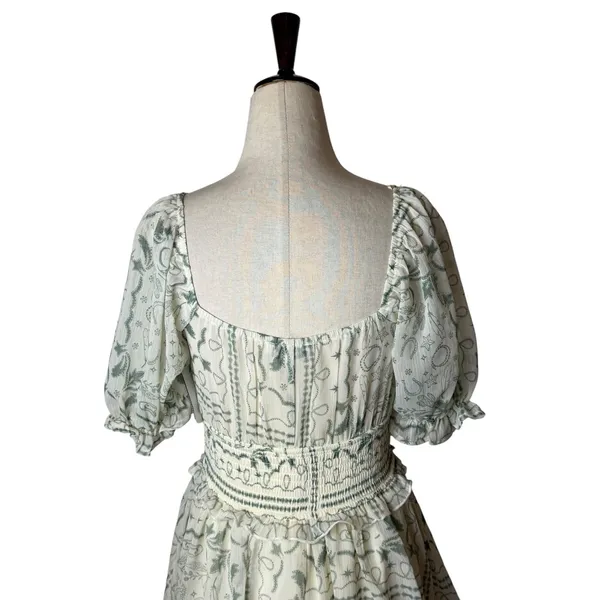 Francescas Mini Dress Women Small Green Toile Western Print Smocked Tiered Boho - Image 4