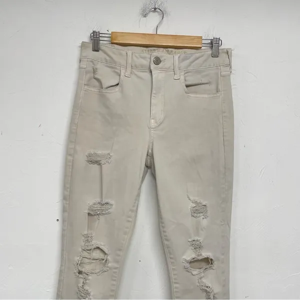 American Eagle Tan Distressed Skinny High Rise Jeans Womens 10 Denim Zip Fly - Image 3