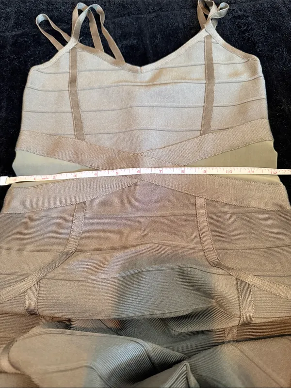 Bebe Dusty Olive Strappy Bandage Bodycon Mini Dress Mesh Cutout Sides Size XS - Image 9