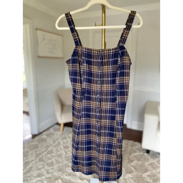 SO Plaid Mini Dress Dark Academia Summer Button Up Boho Baddie Festival Preppy M - Image 2