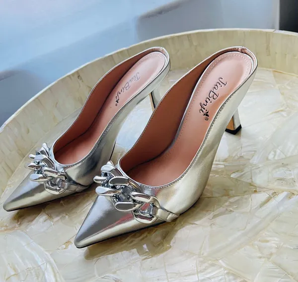 JiaBinji Heeled Mules Chain Embellished Pointed Toe Stiletto Mules for Women Slip on Backless Party Bridal Shoes Silver Size 5.5 - Image 4