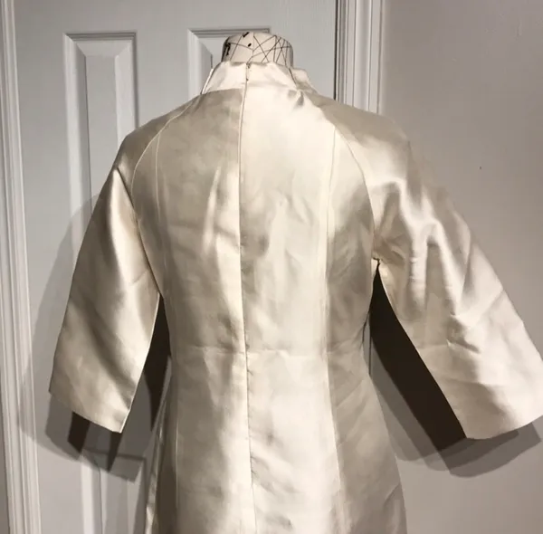 Silk Satin Vintage Ivory A-line Midi Shirt Dress 3/4 sleeves Tunic Mock iridescent M - Image 5