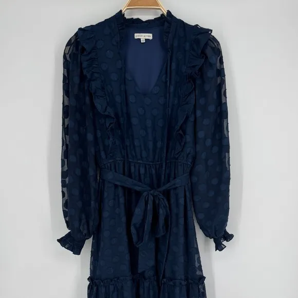 Moon River‎ Navy Polka Dot Midi Dress Small Sheer Long Sleeve Ruffle Tie Belt - Image 4