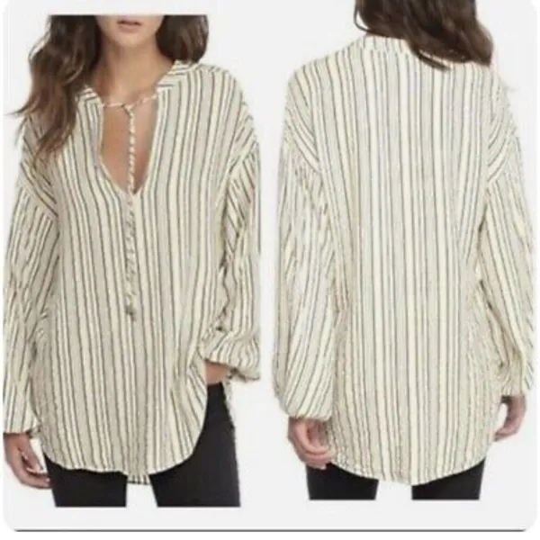 Free People Grey Cream Striped Rhythm Of The Night Tunic‎ Top - Image 2