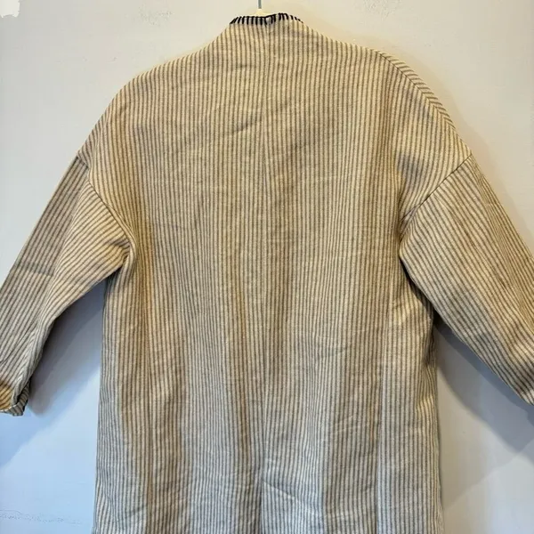 Zara Woman 100% Linen Striped Duster Coat Whipstitch Trim Beige XS Open‎ Front - Image 10