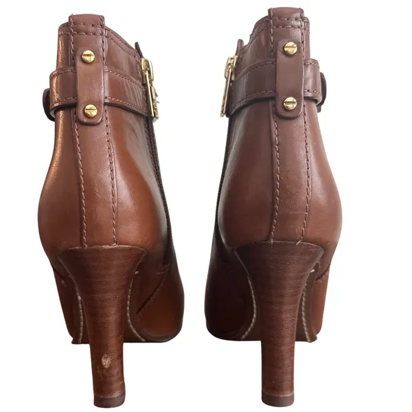 Tory Burch Cognac Leather Logo Strap Ankle Booties Stiletto Heel Size 8 - Image 5