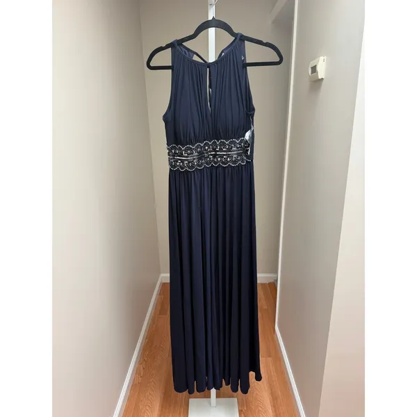 NEW R&M Richards 1289 Maxi Dress Navy Beaded Waist Formal Womens Size 8 - Image 5