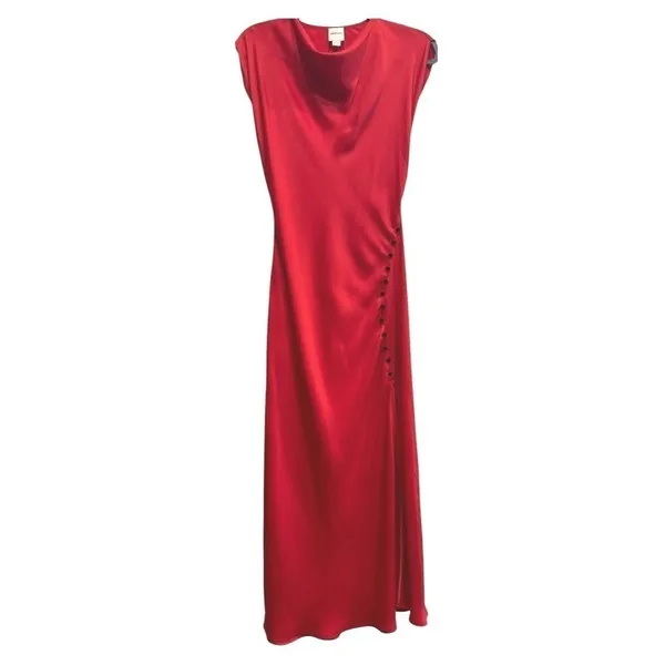Anthropologie Maeve Cap Sleeve Cowl‎ Neck Slip Red Side Slit Midi Dress XS P - Image 4