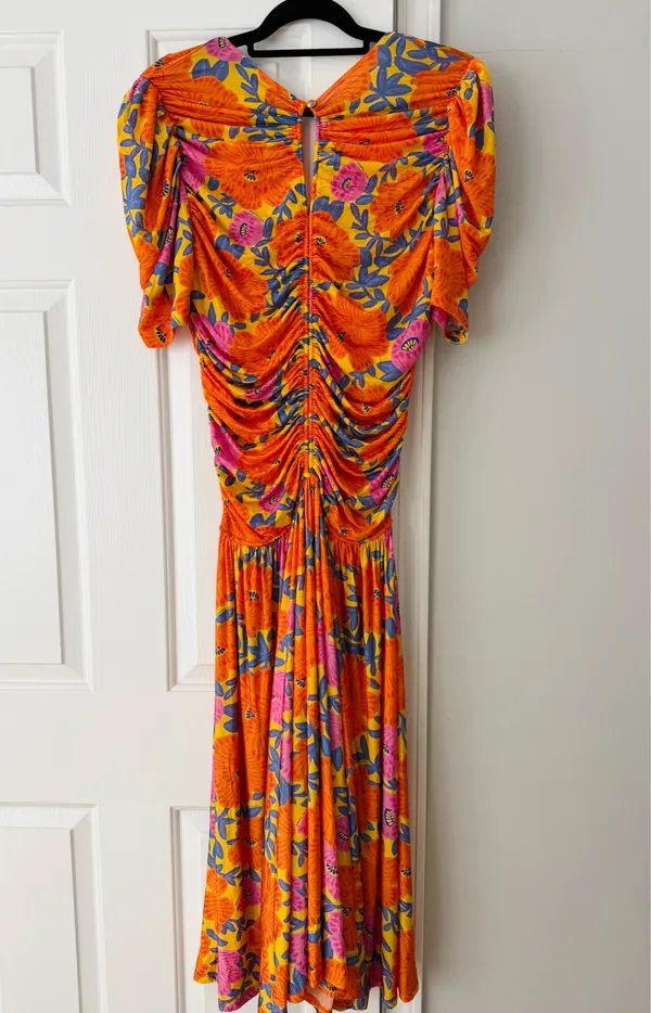 Farm Rio V-Neck Floral Ruched Mesh Midi Dress, Size M - Image 11