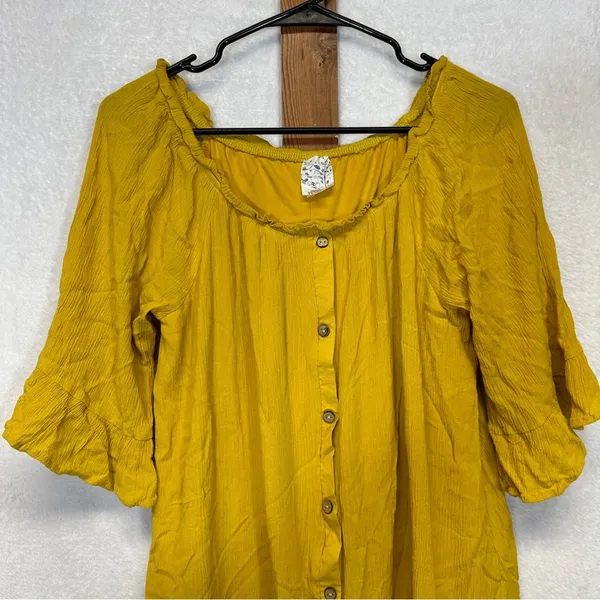 Naïf Mustard‎ Yellow Half Bell Sleeve Button Down Mini Dress Size M - Image 2