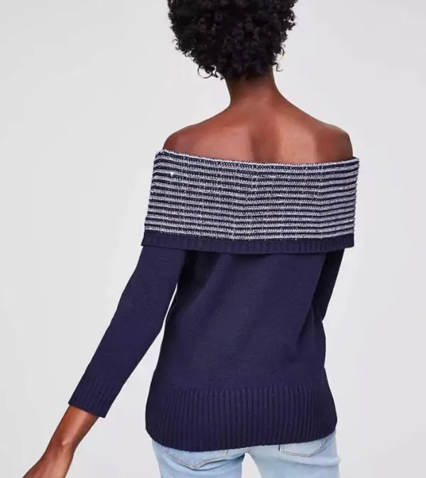 Loft Ann Taylor Sweater Off the Shoulder X-Large XL Navy Blue Cotton Nautical - Image 2