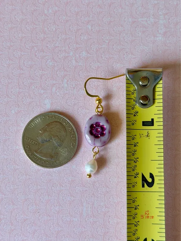 Handmade quality floral Czech glass beads & freshwater pearls fairy chic cottage dangle earrings 💐💜 - Image 6