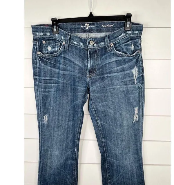 7 For All Mankind Medium Wash Distressed Bootcut Jeans Size 29 7.5" Low Rise - Image 3