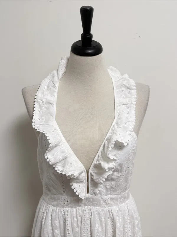 Lulus White Eyelet Halter Ruffle V Neck Ruffle Sicilian Sun Midi Dress New Large - Image 2