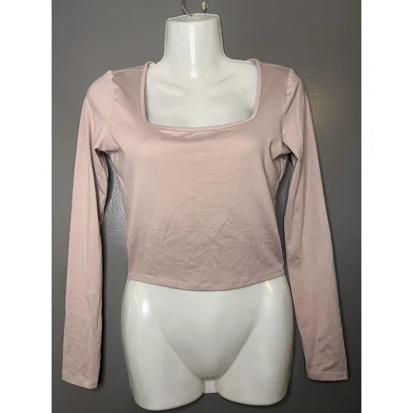 Hollister Shirt Womens Small Pink Square Neck Long Sleeve Cropped Stretch Top - Image 2