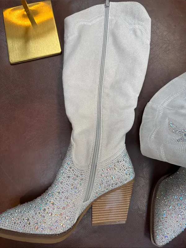 Women's Crystal Embellished White Cowboy Boots - Image 2