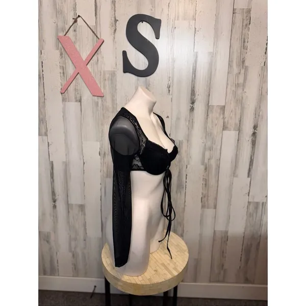 Black Lace Mesh Tie Front Crop Top XS Sheer Long Sleeve Bolero Style - Image 6