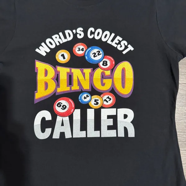 100% Cotton World's Coolest Bingo Caller Black‎ Graphic T-Shirt Womens Medium - Image 2