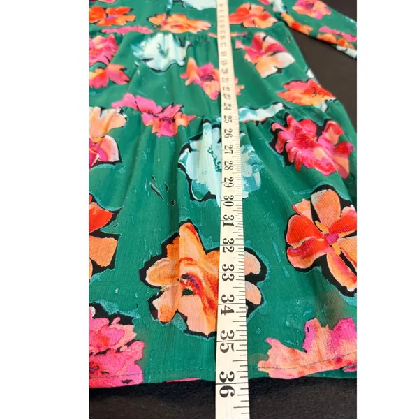 Lark + Grey Womens L Green Floral Ruffle Tie Neck Long Sleeve Tiered Midi Dress - Image 8