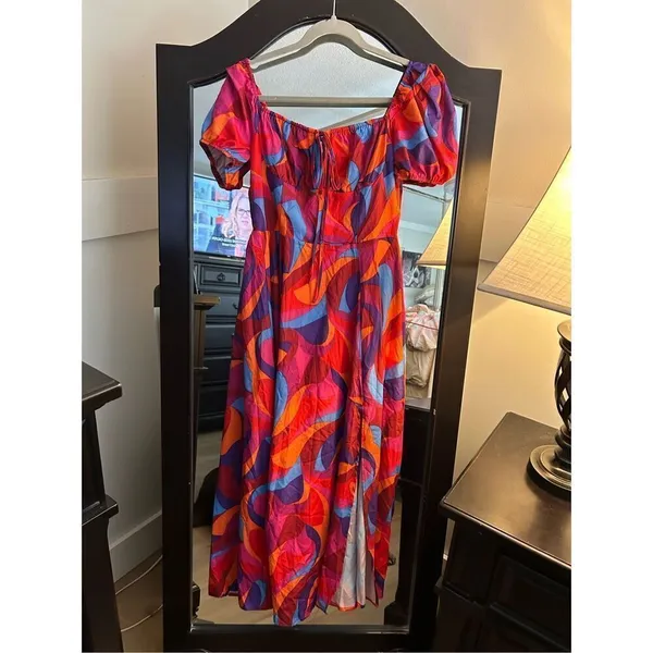 NEW Puff Sleeve Midi Square Neck Cottagecore Dress L - Image 6