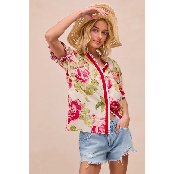 BiBi Floral Printed Woven Contrast Edge Ruffled Blouse‎ - Image 4