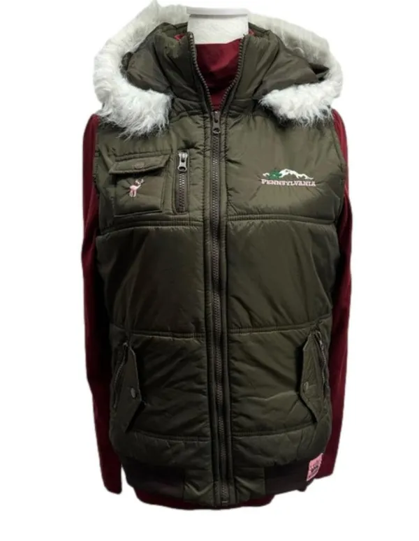 Pennsylvania Embroidered Olive Green Faux Fur Trim Puffer Vest Size Medium - Image 2