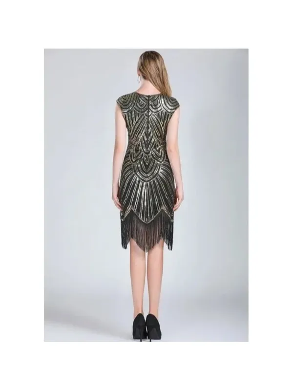 1920 Gold Sequin Fringed Gatsby Flapper Cocktail Dress Costume Accessories LARGE - Image 5