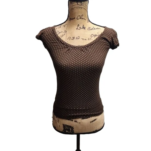 Womens T-shirt Size Small Brown White Polka Dots Casual Chic Short‎ Sleeve - Image 2